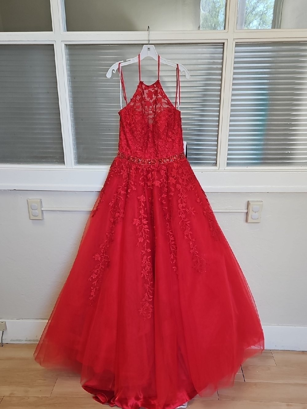 Size 12 red lace/tulle ball gown with embroidery & crystals by Sherri Hill NWT